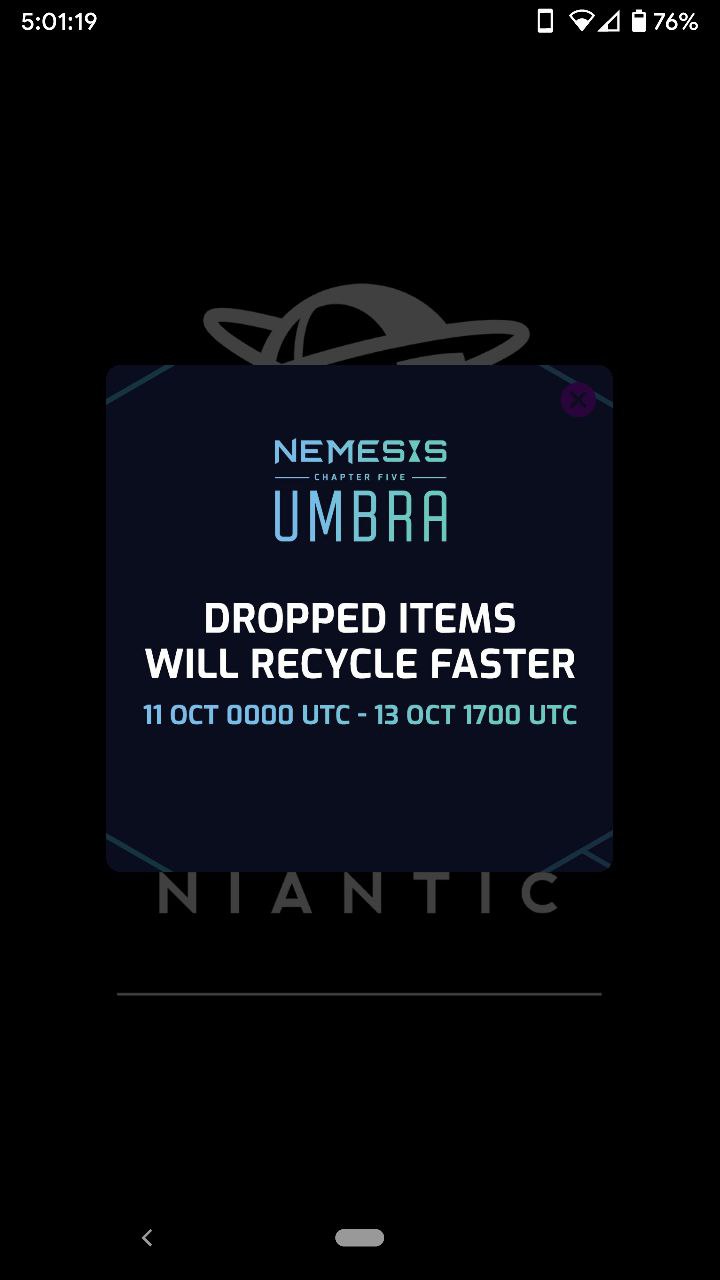 Screenshot from Ingress showing a new announcement that dropped items will be recycled faster.